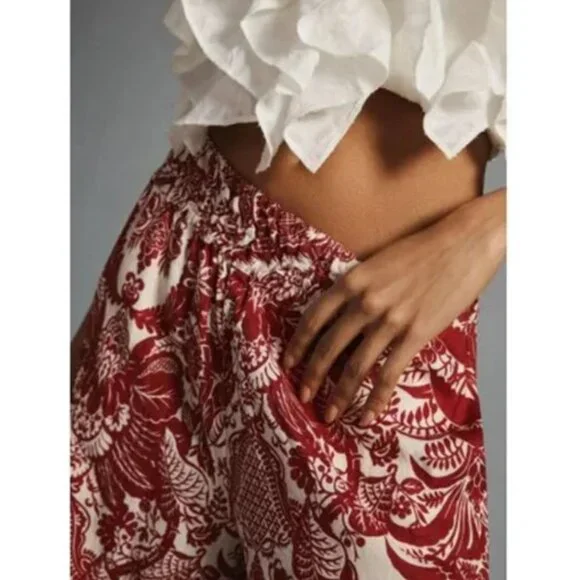 Anthropologie Linen Somerset Pants Red Floral Print Wide-Leg Smocked Small - Picture 2 of 10
